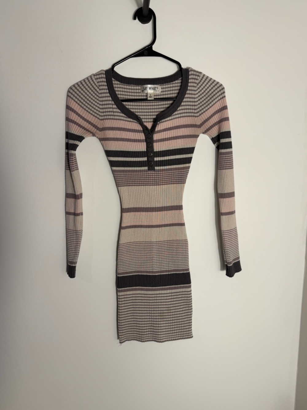 Say What? Striped Ribbed Henley Dress in Pink, Cream & Black